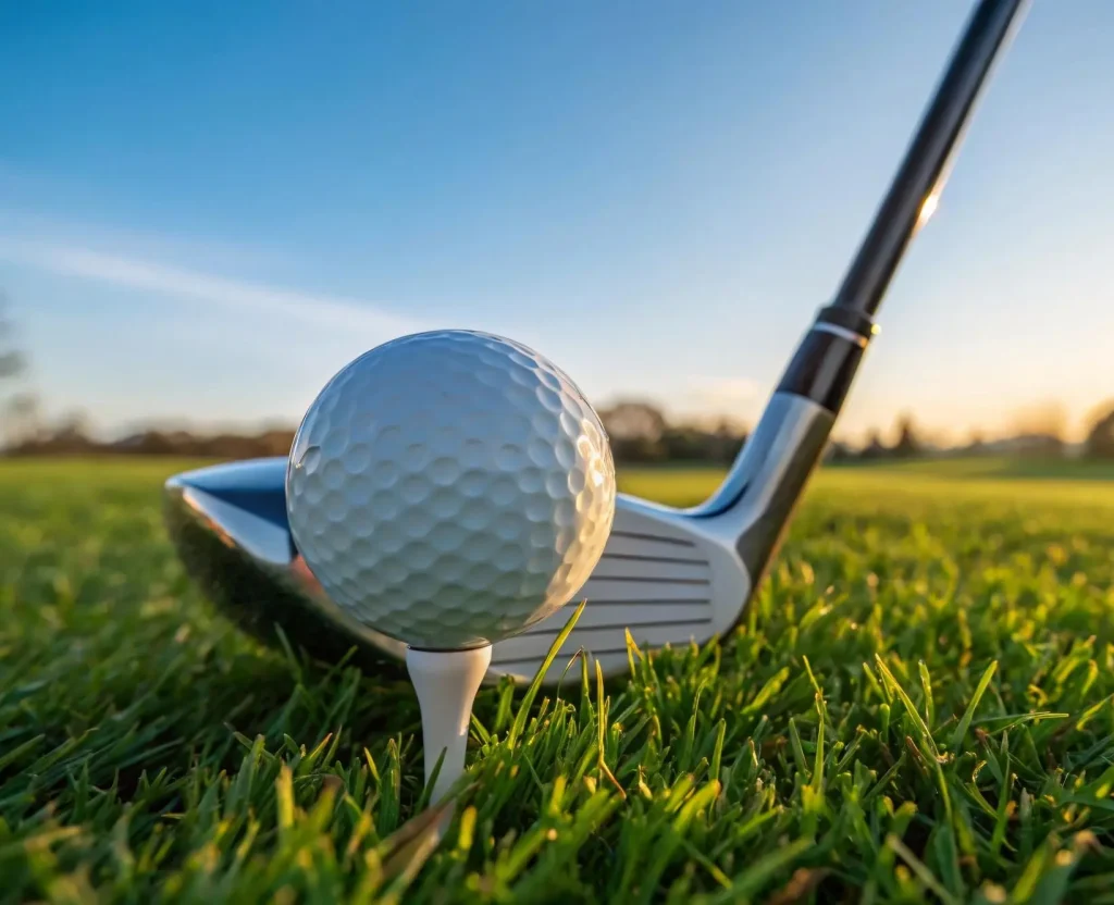 Golf ball on a tee with a driver