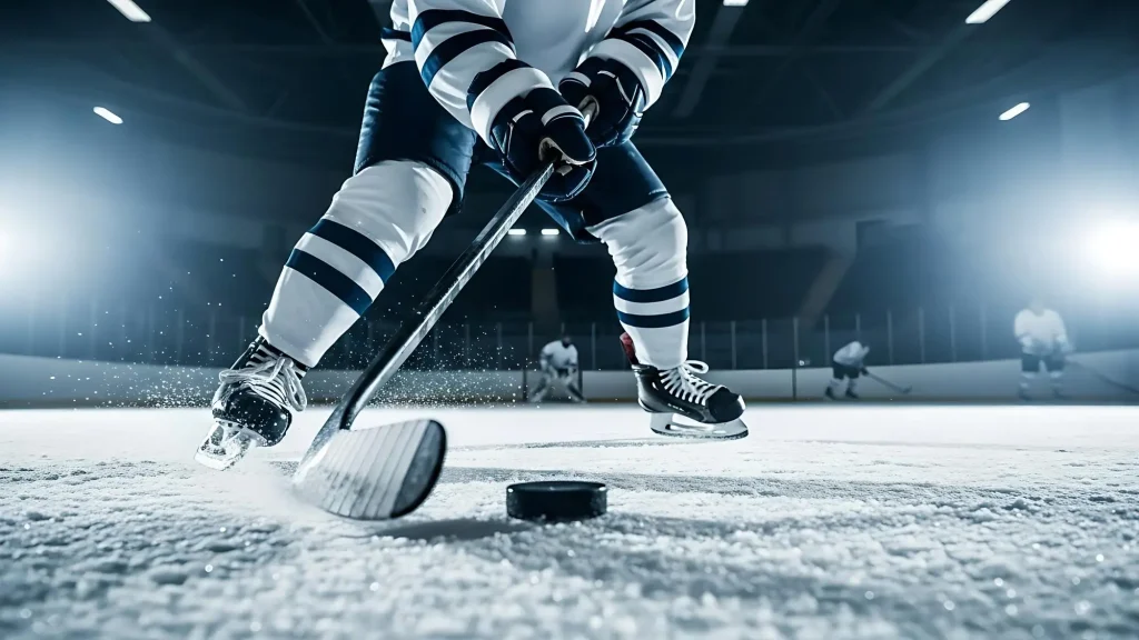 Hockey player stickhandling a puck on the ice